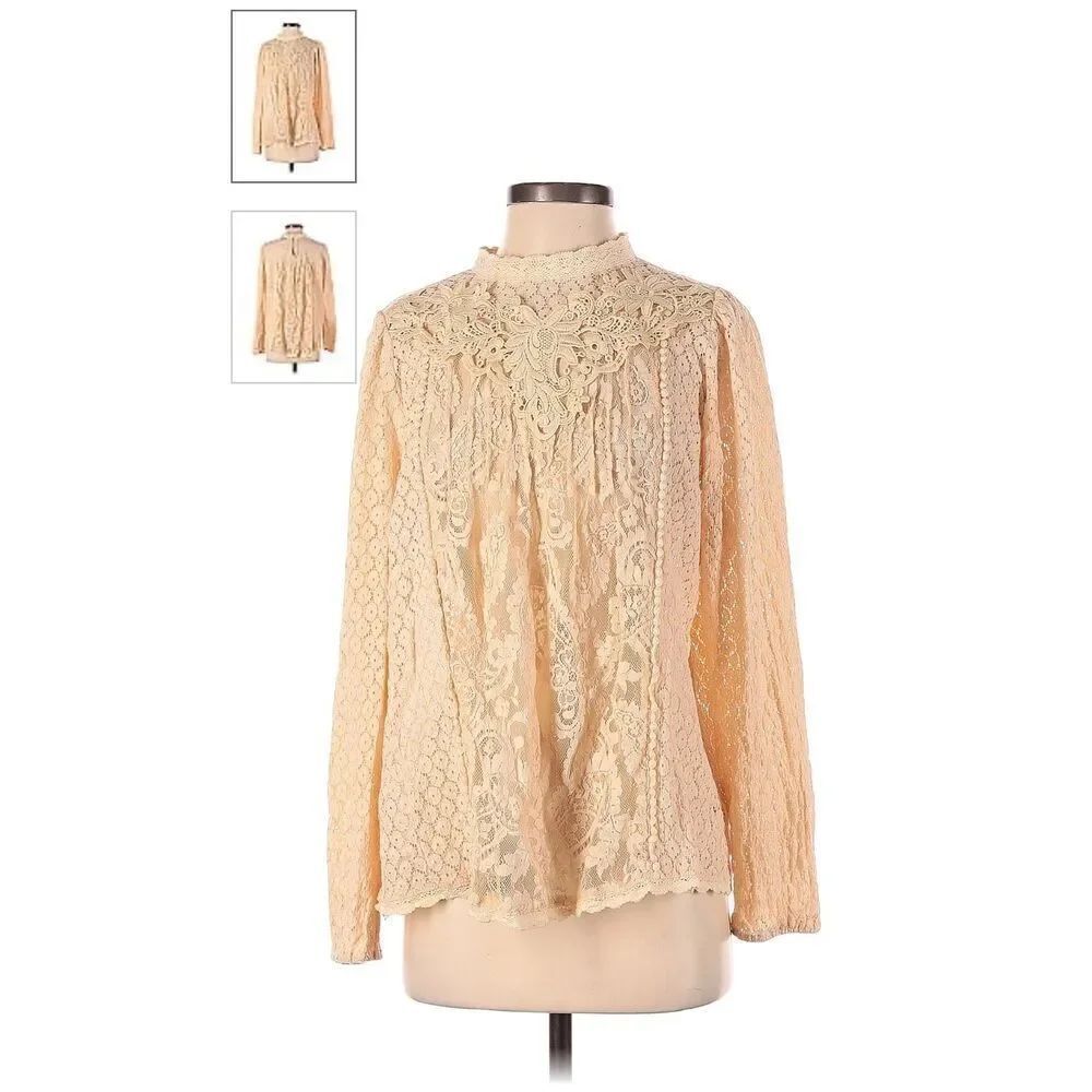 Torrid Bohemian Romantic Long Sleeve Mixed Lace High Neck Blouse Beige Size 4